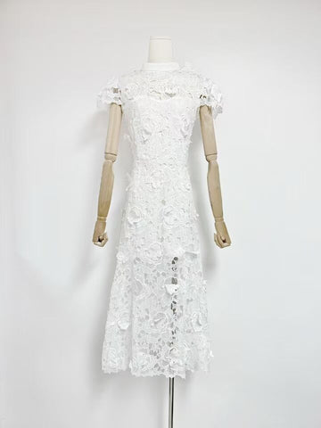 Lace Dress Women's Summer 2025 Three-Dimensional Flowers Short Sleeves To Show Thin Temperament Rose Red Dress Dress